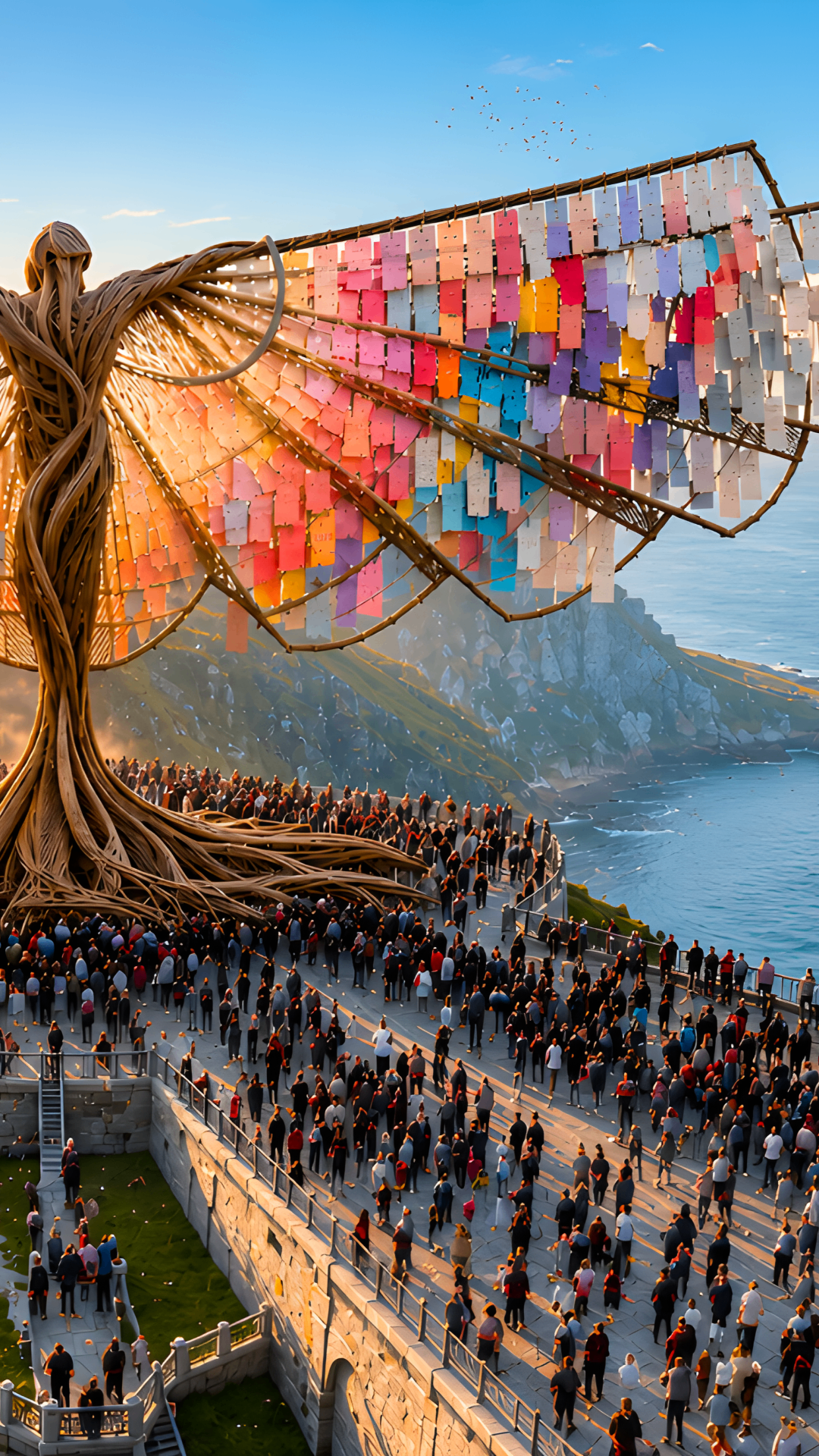 The Wonder — a winged sculpture built from children's artwork on a cliff at sunset